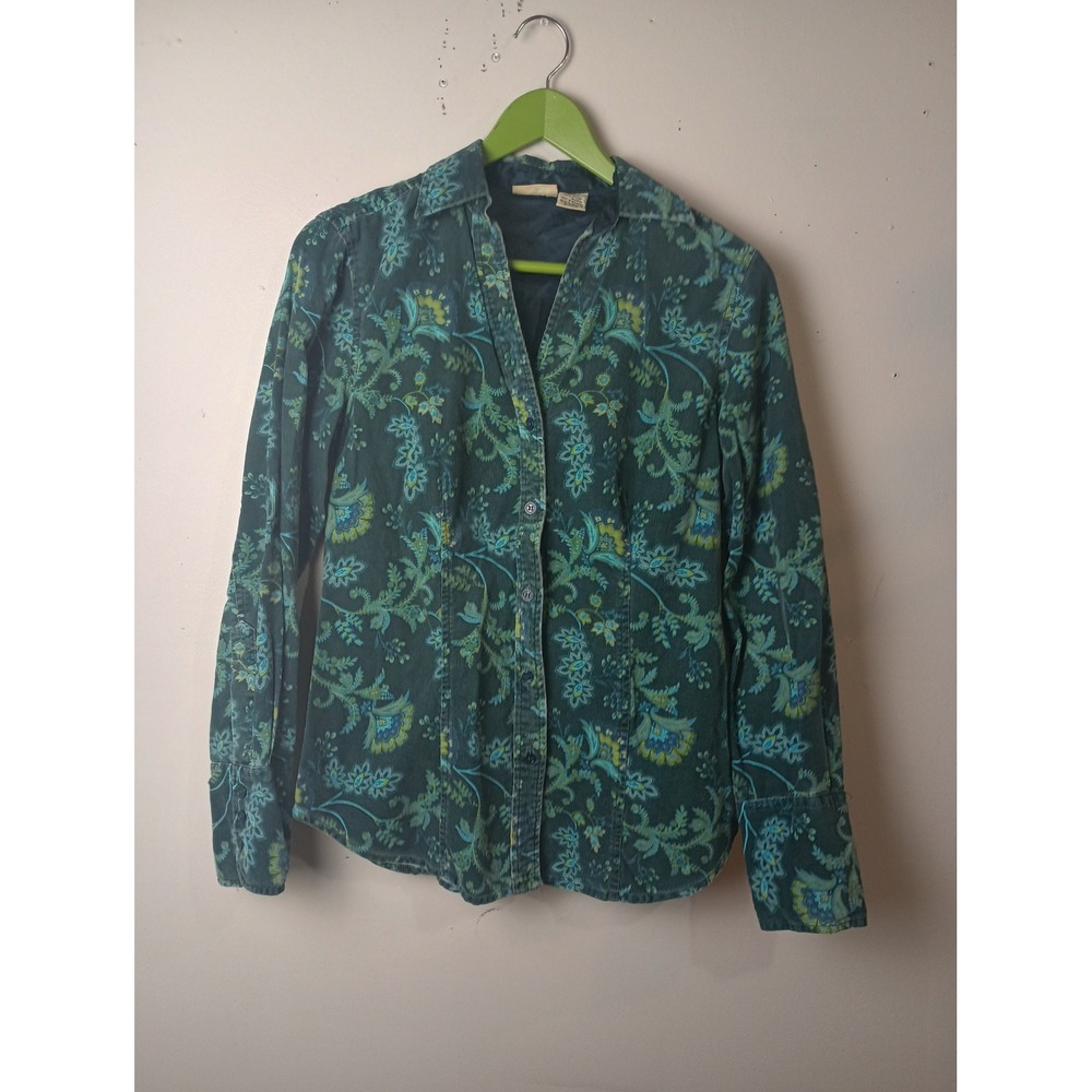 St Johns Bay Vintage Corduroy Floral Button Down Shirt Teal Green Small
